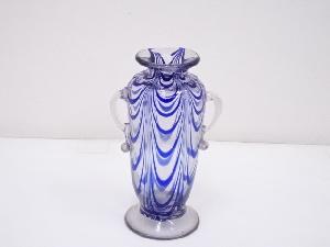 古物　アンティーク　吹きガラス青色　かきあげガラス花瓶　□kk